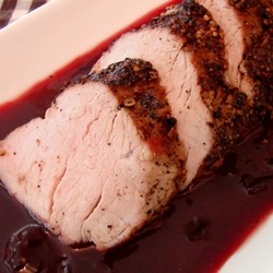 Black pepper crusted pork tenderloin with black cherry reduction