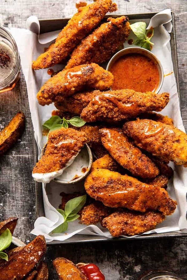 Black pepper rub chicken fingers with Greek yogurt ranch