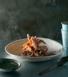Black pepper soft-shell crabs with green chilli dipping sauce