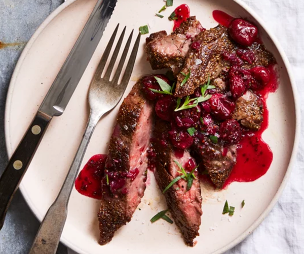 Black pepper steak with sour cherry sauce