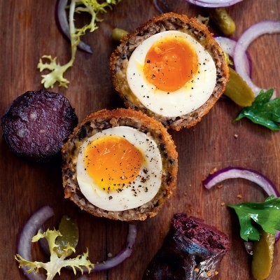 Black pudding & Scotch egg salad with horseradish dressing