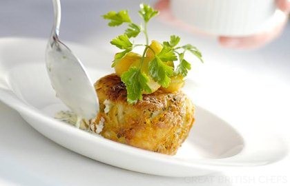 Black pudding and cheese hash browns with caramelised pear