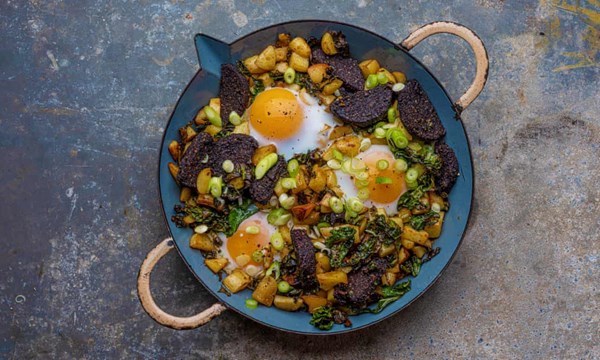 Black pudding and pink fir hash with duck eggs