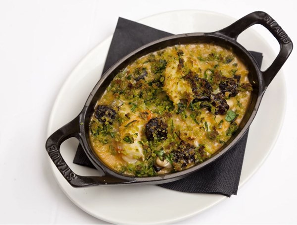 Black pudding, langoustine & white bean crumble with wild garlic crumb [James Mackenzie]
