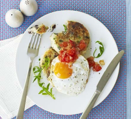 Black pudding potato cakes with fried eggs and tomato chutney
