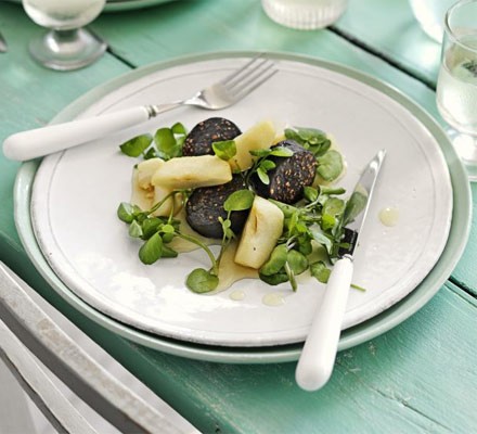 Black pudding with apples and watercress