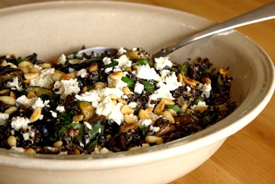 Black quinoa salad with grilled vegetables, basil, feta and pine nuts