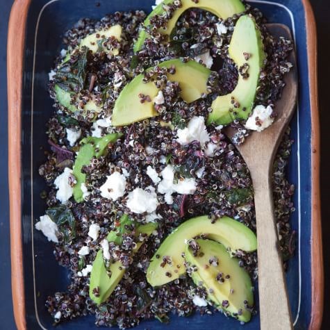 Black quinoa salad with lemon, avocado, and pistachios