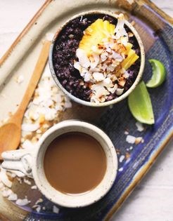Black rice coconut porridge with toasted coconut and pineapple