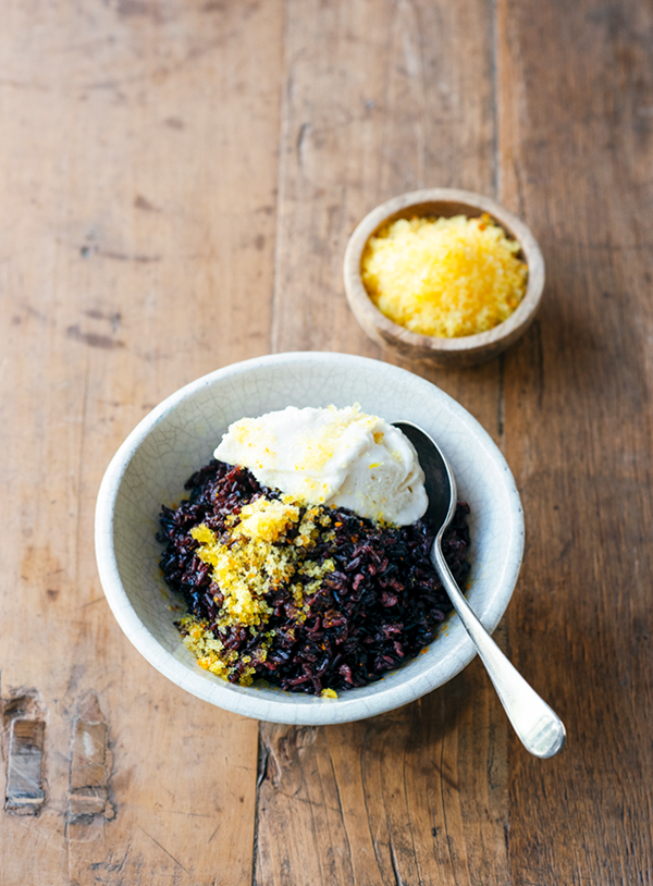 Black rice pudding with turmeric lime granita and coconut sorbet