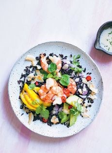 Black rice salad with prawns and lime coconut dressing