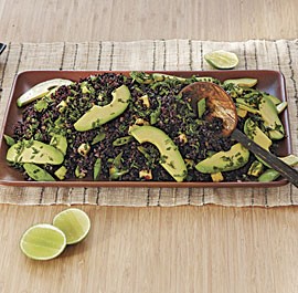 Black rice salad with sugar snap peas and avocado