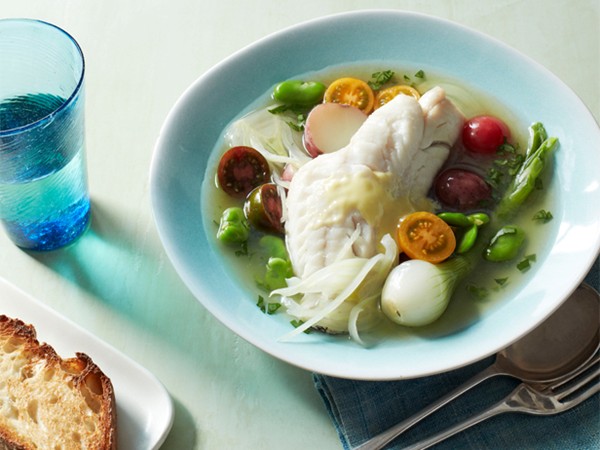 Black sea bass in spring vegetable broth