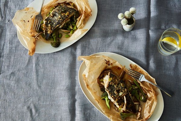 Black sea bass with vegetables en papillote