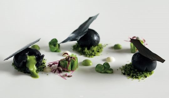 Black sesame and pea fondant with goat's curd and snow peas