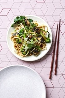 Black sesame-coated tofu with broccoli and lemon-glazed noodles