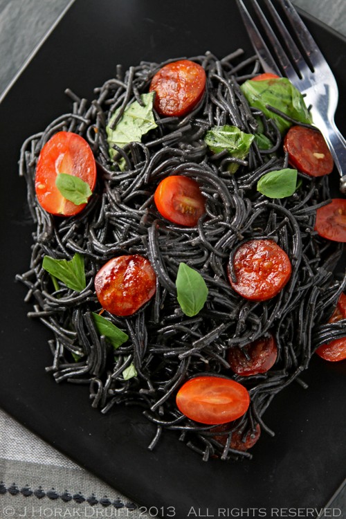Black squid ink pasta with chorizo & basil