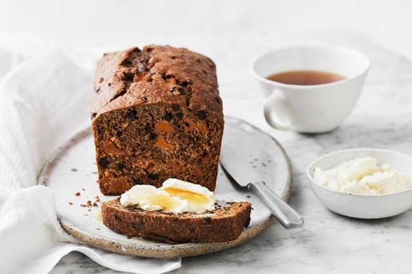 Black tea, dried peach, quince paste and chia seed loaf