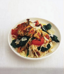 Black truffle and Parmesan linguine with kale, tomato confit, and grilled chicken