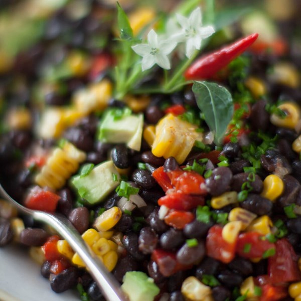 Black turtle bean, corn, avocado and grilled capsicum salad with lime dressing