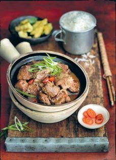 Black vinegar braised pork belly with pickled chillies