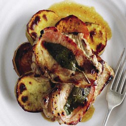 Black Yorkshire bacon and pork with honey Cognac sauce and honey-roasted kumara