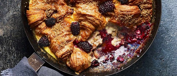 Blackberry and croissant bread and butter pudding
