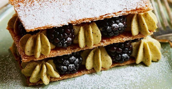 Blackberry and pistachio mille-feuille