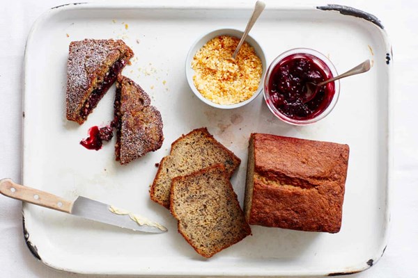 Blackberry and praline banana bread sarnies