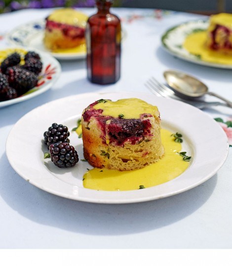 Blackberry and thyme steamed puddings with bay custard