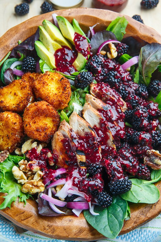 Blackberry balsamic grilled chicken salad with crispy fried goat cheese