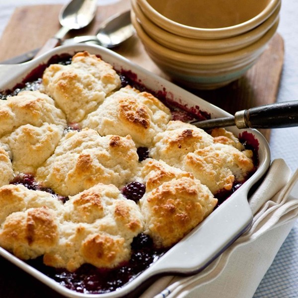 Blackberry cobbler with drop cream biscuits