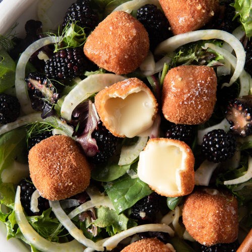Blackberry, fennel, and fried Camembert salad with white balsamic vinaigrette
