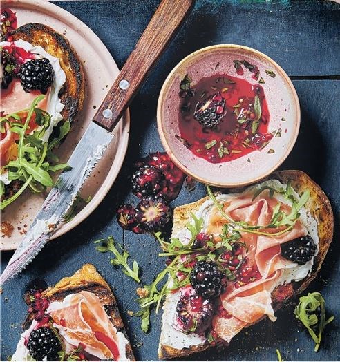 Blackberry, goat's cheese & prosciutto bruschetta
