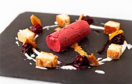 Blackberry parfait, honeycomb and apple sponge