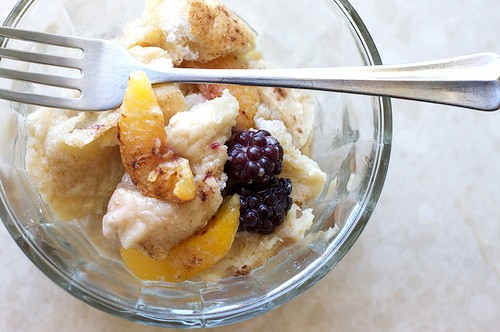 Blackberry peach bread pudding with toasted pecans