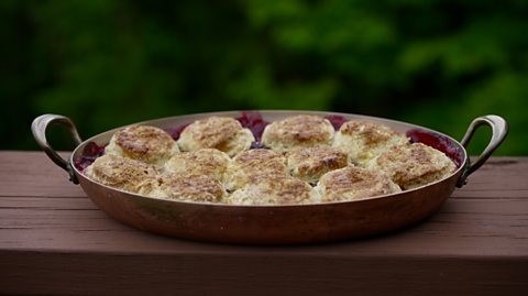Blackberry, plum and hazelnut cobbler
