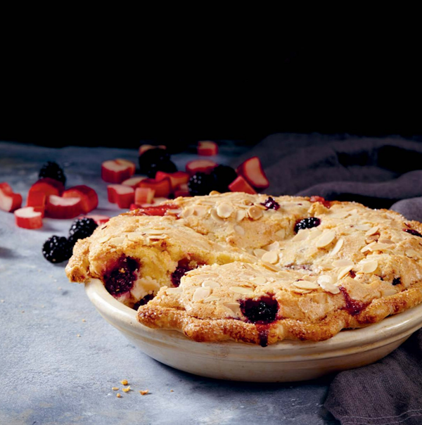 Blackberry rhubarb pie with toasted almond cobbler