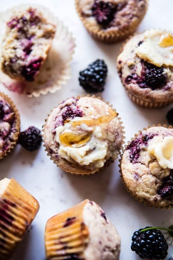 Blackberry swirl muffins with honey butter
