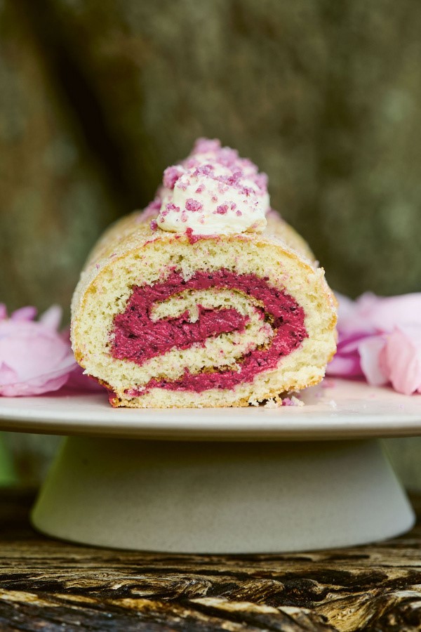 Blackcurrant and rose roulade