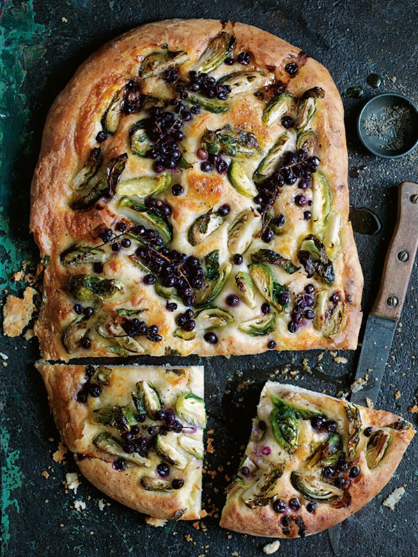 Blackcurrant,  Brussels sprout and cheese flatbread