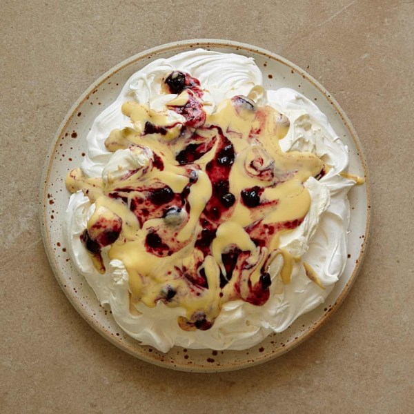 Blackcurrant custard Pavlova