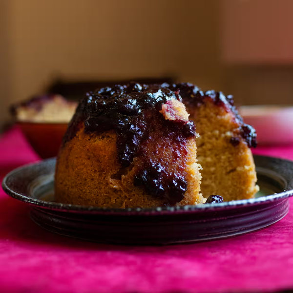 Blackcurrant jam sponge pudding