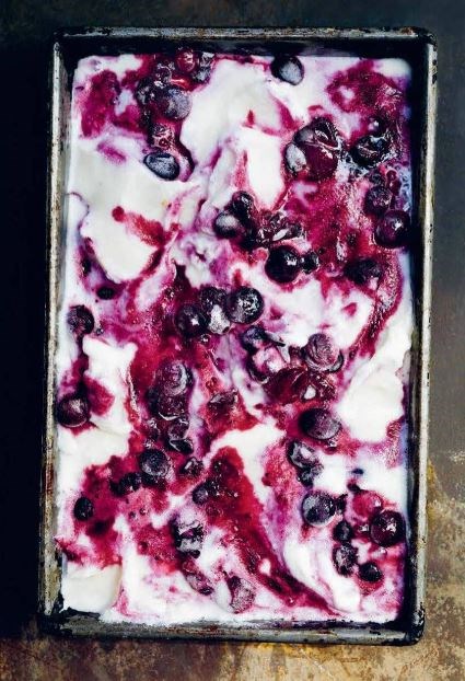 Blackcurrant ripple goat’s milk sorbet