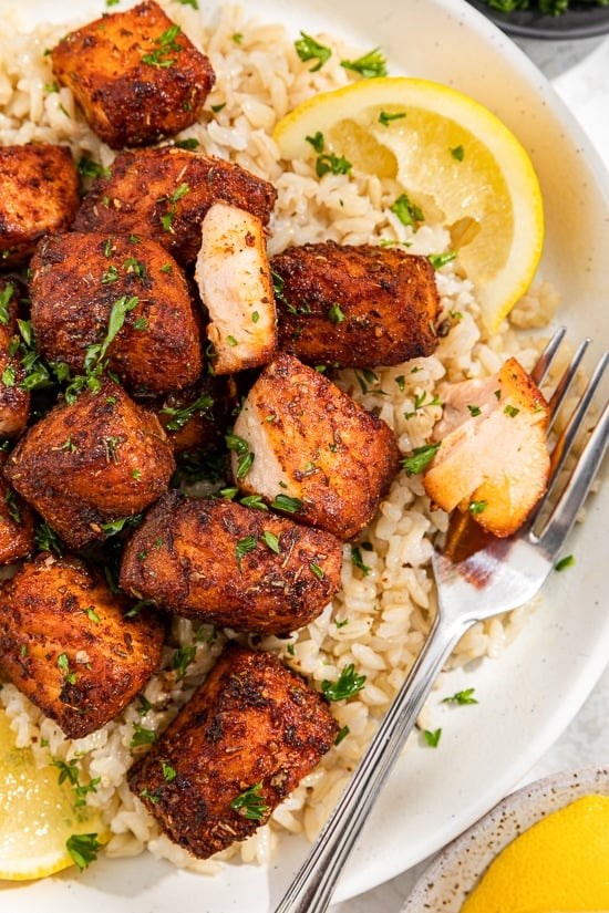 Blackened air fryer salmon bites