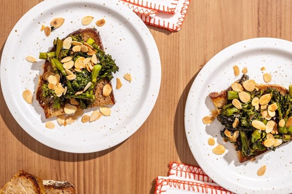 Blackened broccolini and bittersweet almonds on toast
