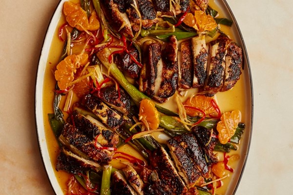 Blackened chicken with caramel and clementine dressing