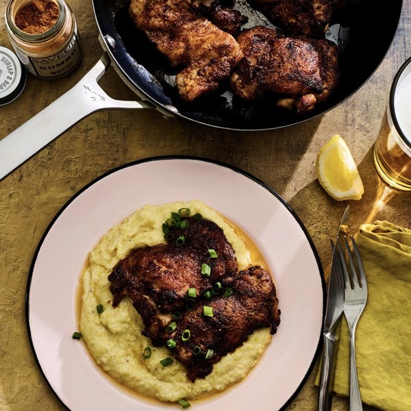 Blackened chicken with goat cheese grits