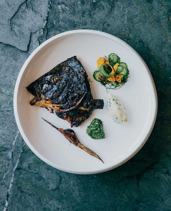 Blackened fish heads, Granny's pickles, salsa verde & mustard mascarpone