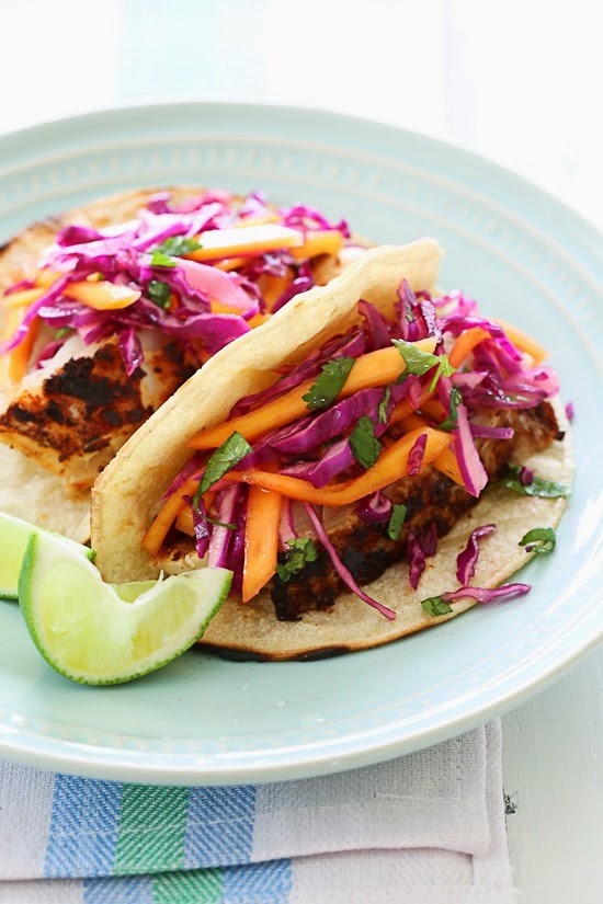 Blackened fish tacos with cabbage mango slaw
